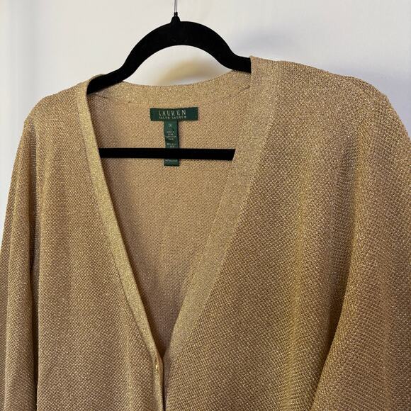Lauren Ralph Lauren Gold Metallic Cardigan Sweater Silk Blend Holiday 1X NWT - Picture 2 of 9